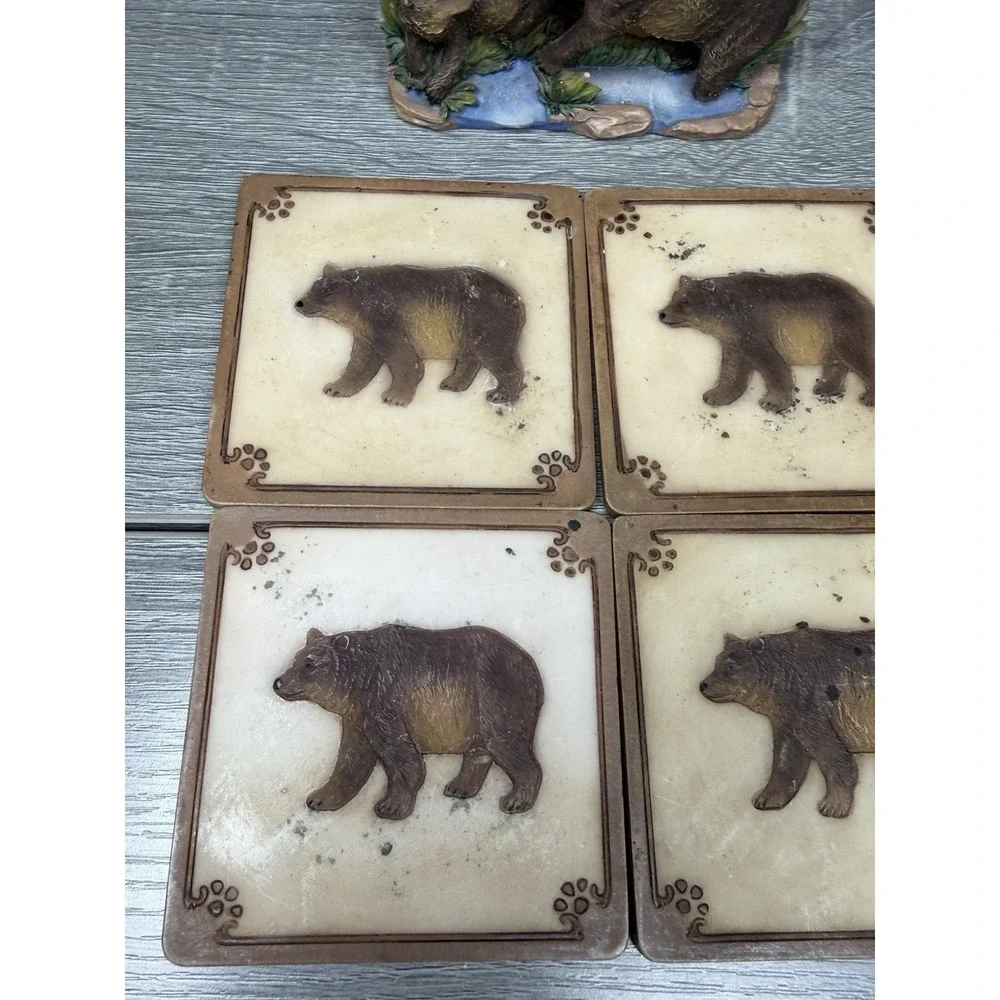 Rustic Bear Family Coaster Set Holder Cabin Lodge Wildlife Decor Outdoorsy